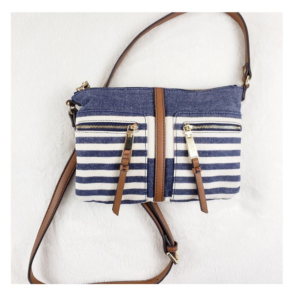 Tommy Hilfiger Rugby East West Crossbody Purse Navy Cream Stripe Canvas. EUC